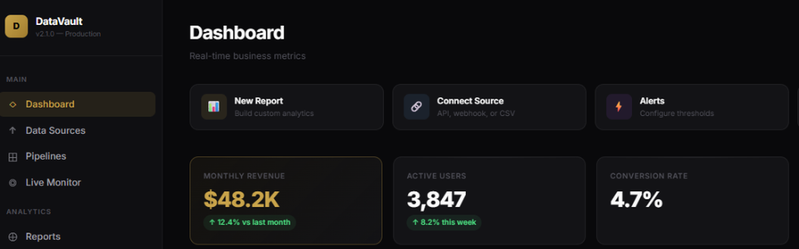 DataVault — Obsidian dark glassmorphism dashboard